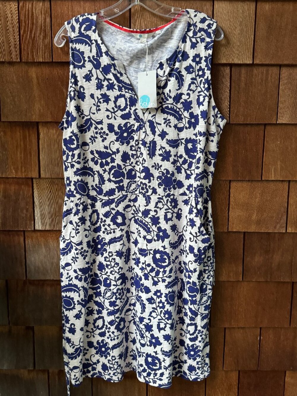 NWT Boden Blue and White Floral Cotton Sleeveless Dress with Pockets Women's 14